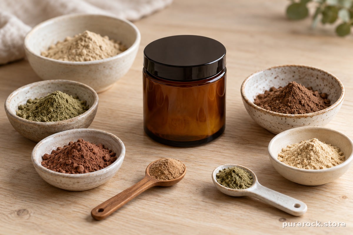 Several unlabeled dishes of mixed ingredient powders around a sealed jar, illustrating a proprietary blend that hides individual amounts
