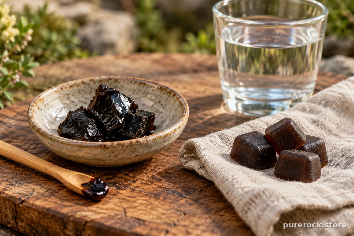 Dark resin pieces in a ceramic dish beside a few soft gummies on a cutting board, comparing the two shilajit formats