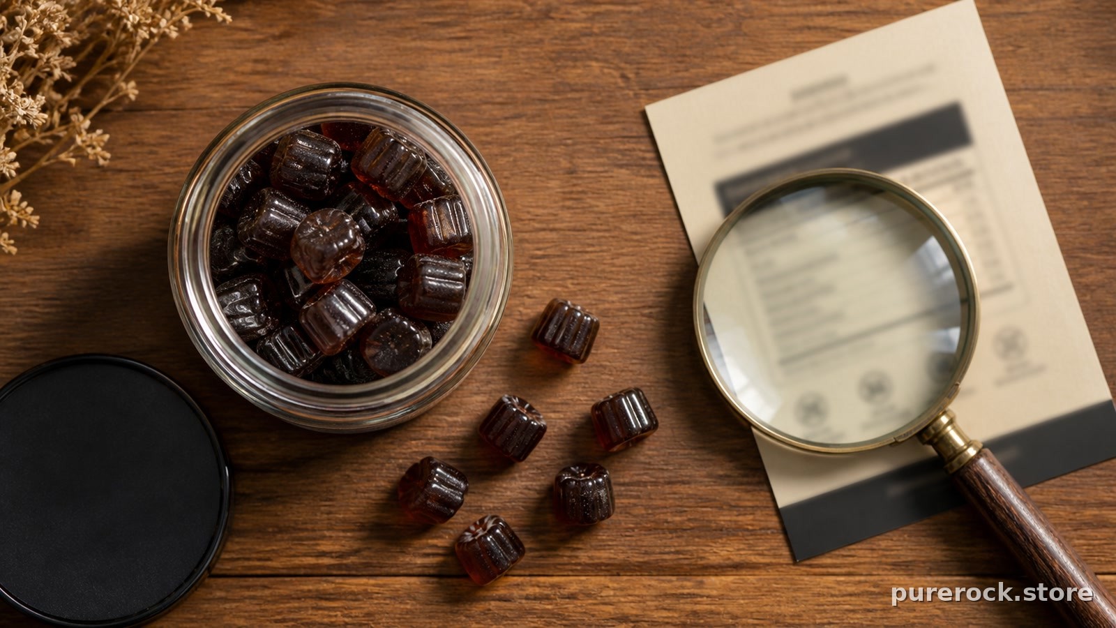 A glass jar of dark shilajit gummies next to a magnifying glass over a supplement label