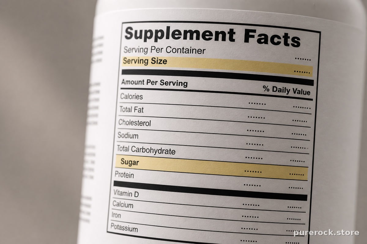 Close-up of a nutrition facts panel on a supplement bottle showing sugar and serving size information