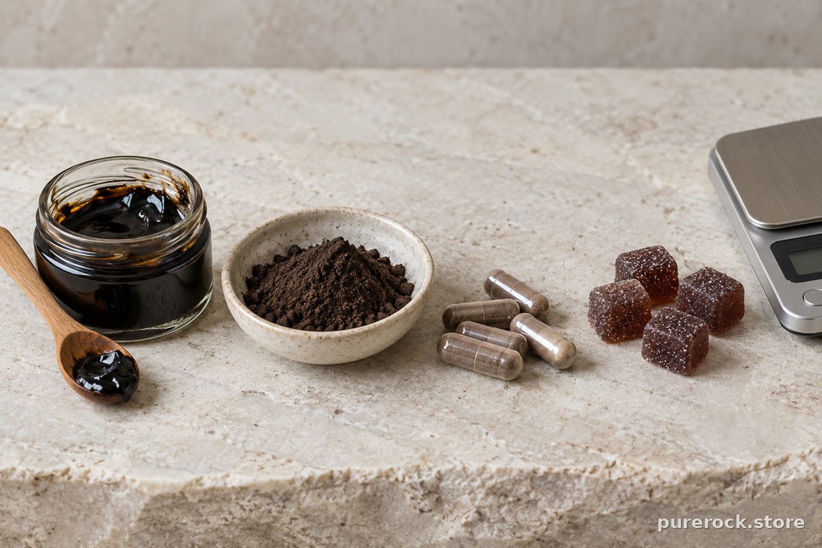 Open jars and capsule bottles arranged for comparison with a notebook for weighing servings