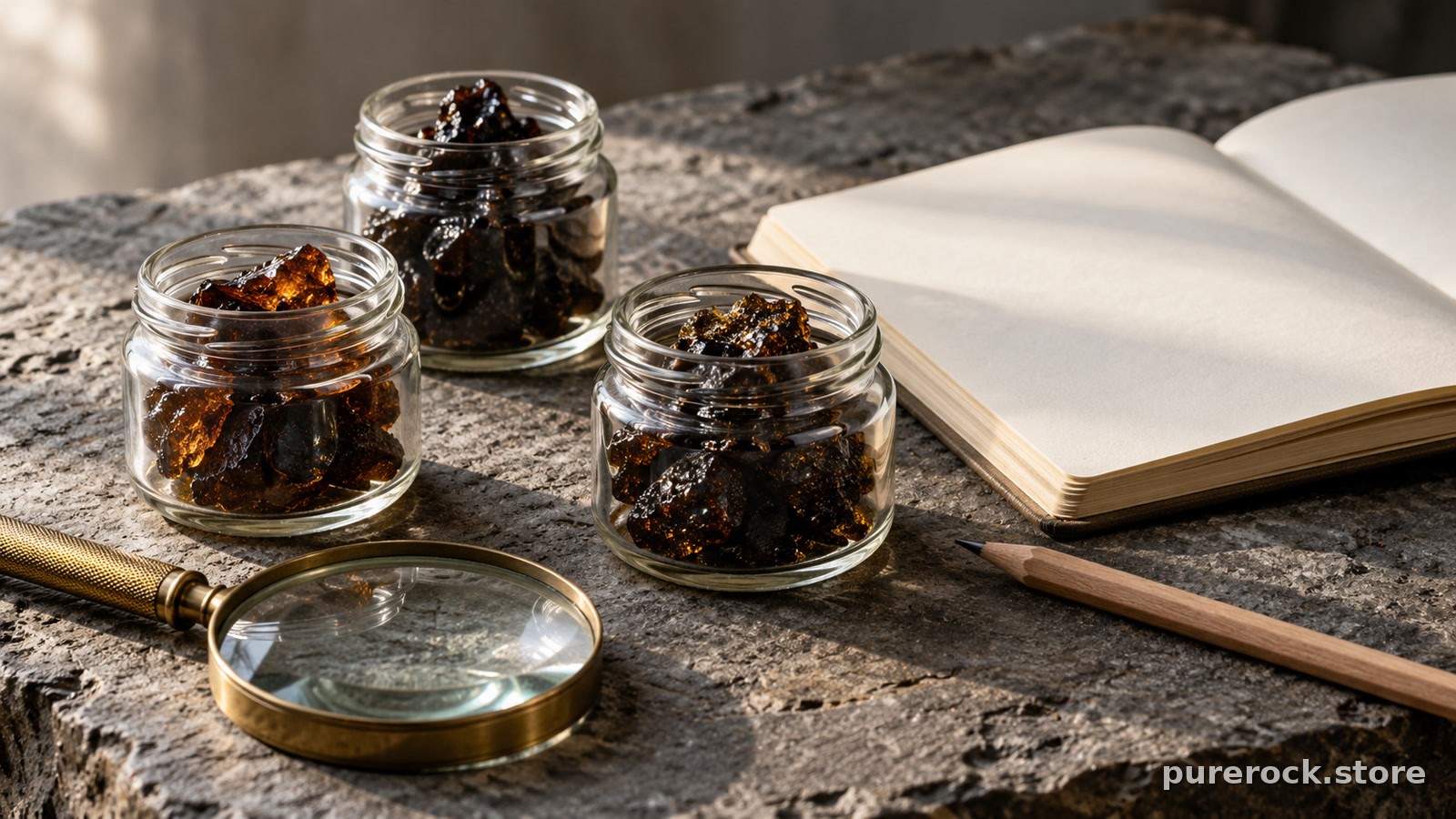 Three unlabeled jars of dark shilajit resin beside a notebook, pencil and magnifying glass on a stone surface