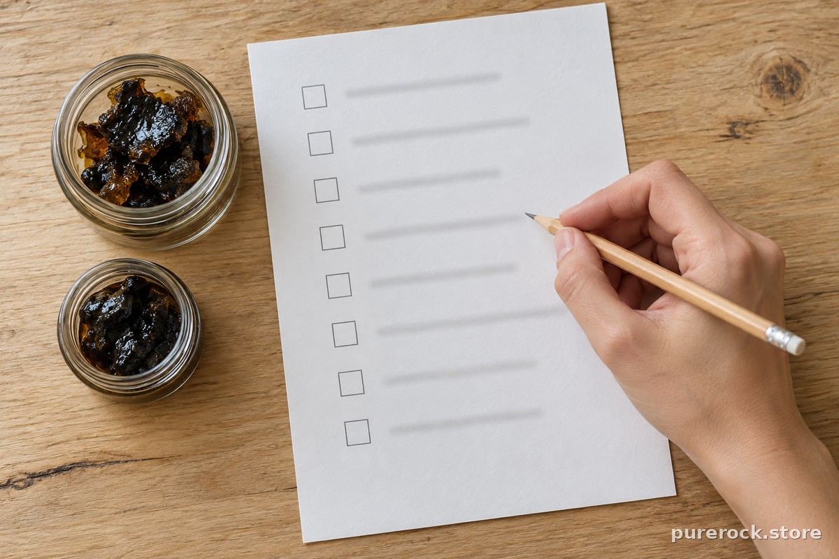 A hand marking a printed blank checklist with a pencil beside two unlabeled jars of dark resin