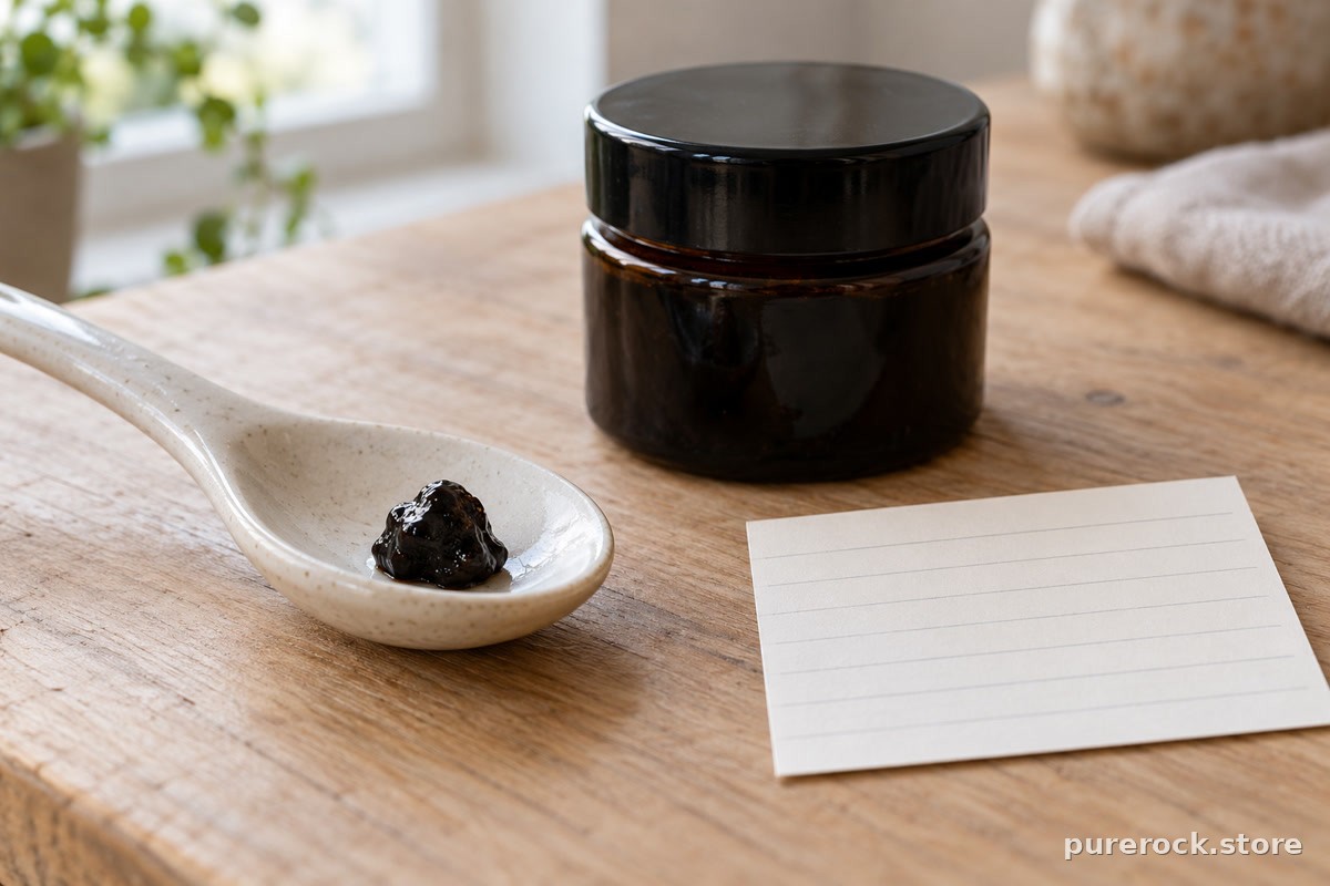 A pea-sized piece of dark resin on a ceramic spoon beside a blank ruled card, illustrating why serving size needs measuring