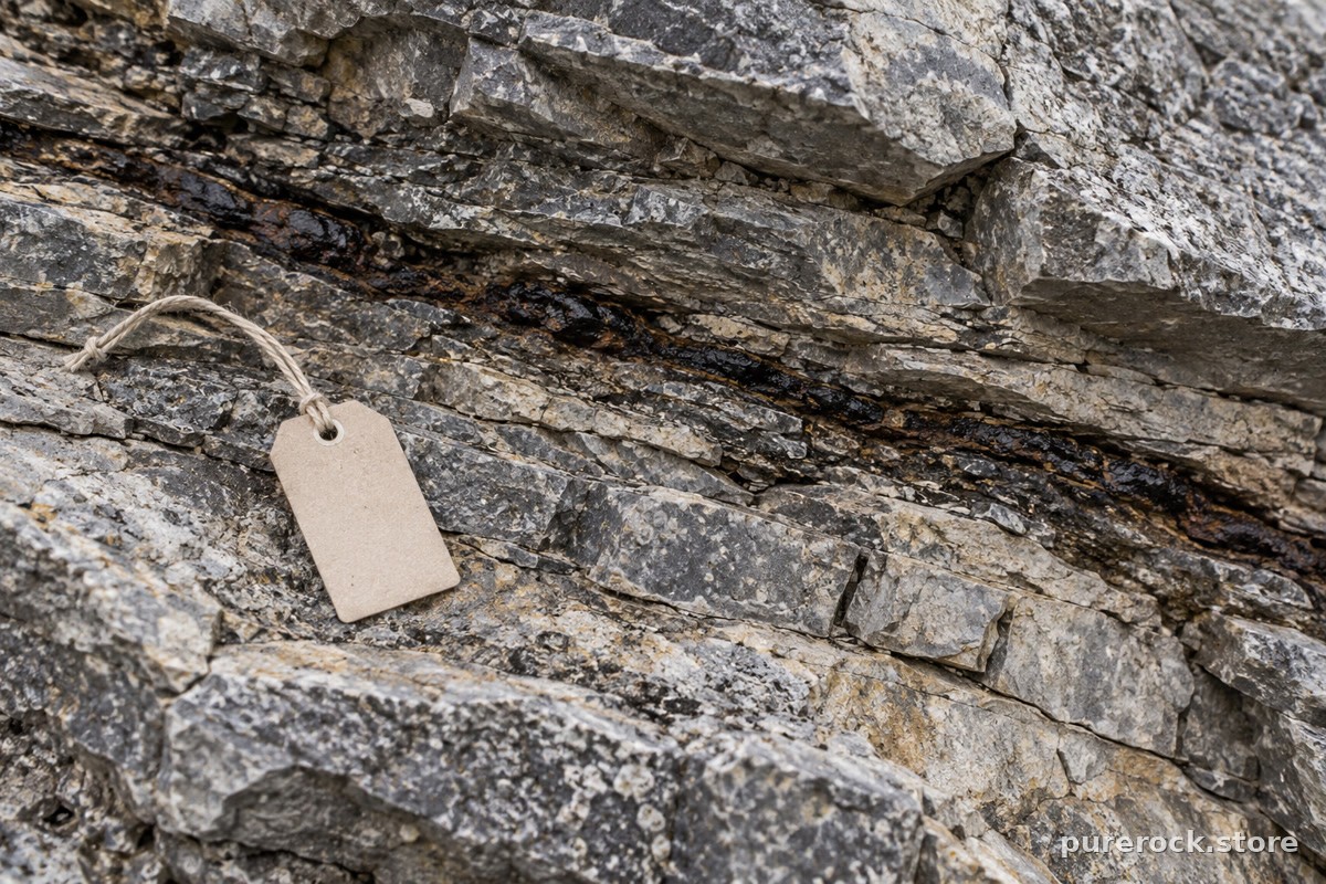 Close-up of a dark mineral seam in grey mountain rock with a blank paper tag resting on the stone