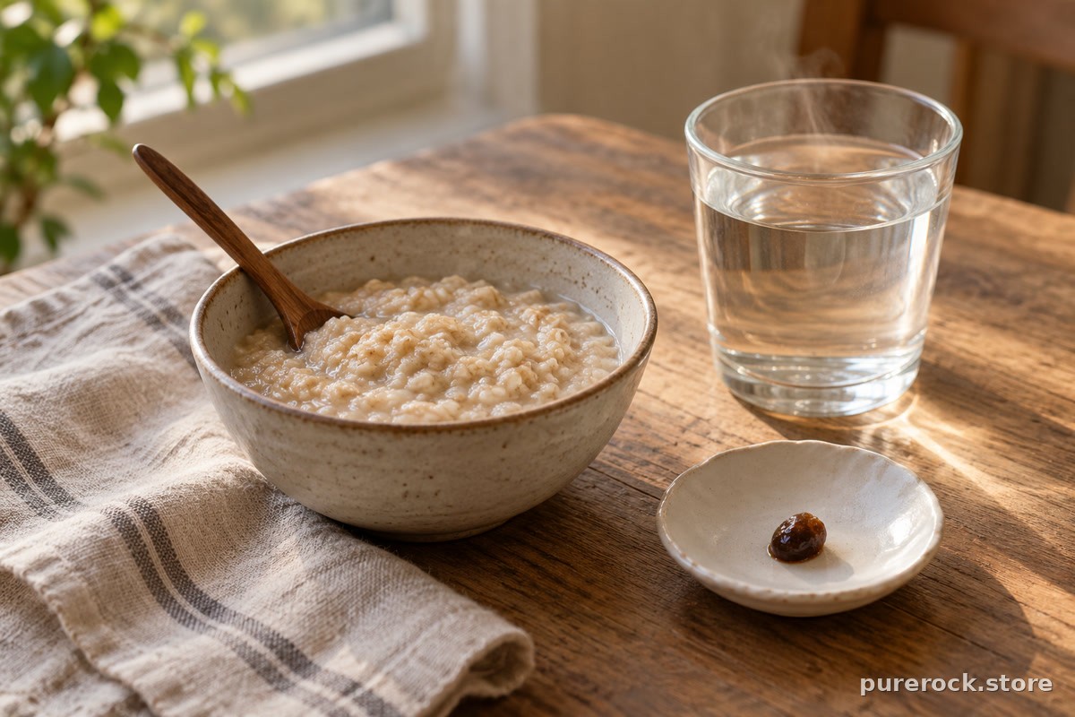 A bowl of plain oatmeal, a glass of warm water and a small dish of dark resin on a breakfast table, illustrating taking shilajit with food