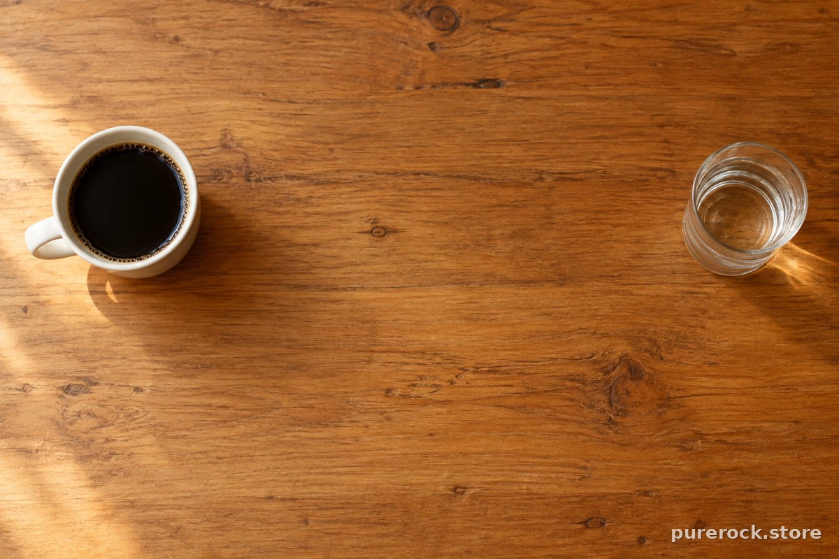 A cup of black coffee and a small glass of warm water set apart on a wooden table, suggesting two separate moments in a morning routine