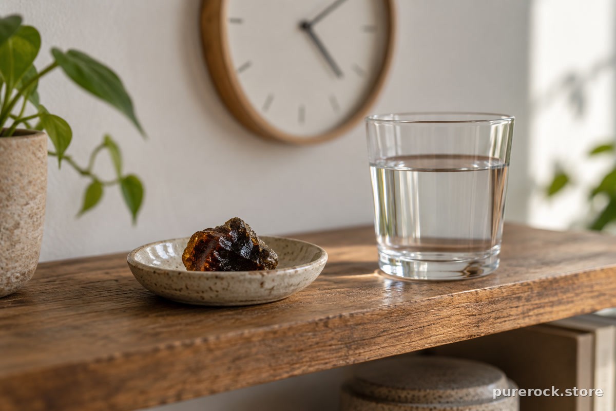 A dish of dark resin and a glass of water on a shelf beside a softly blurred wall clock, representing a consistent daily timing routine