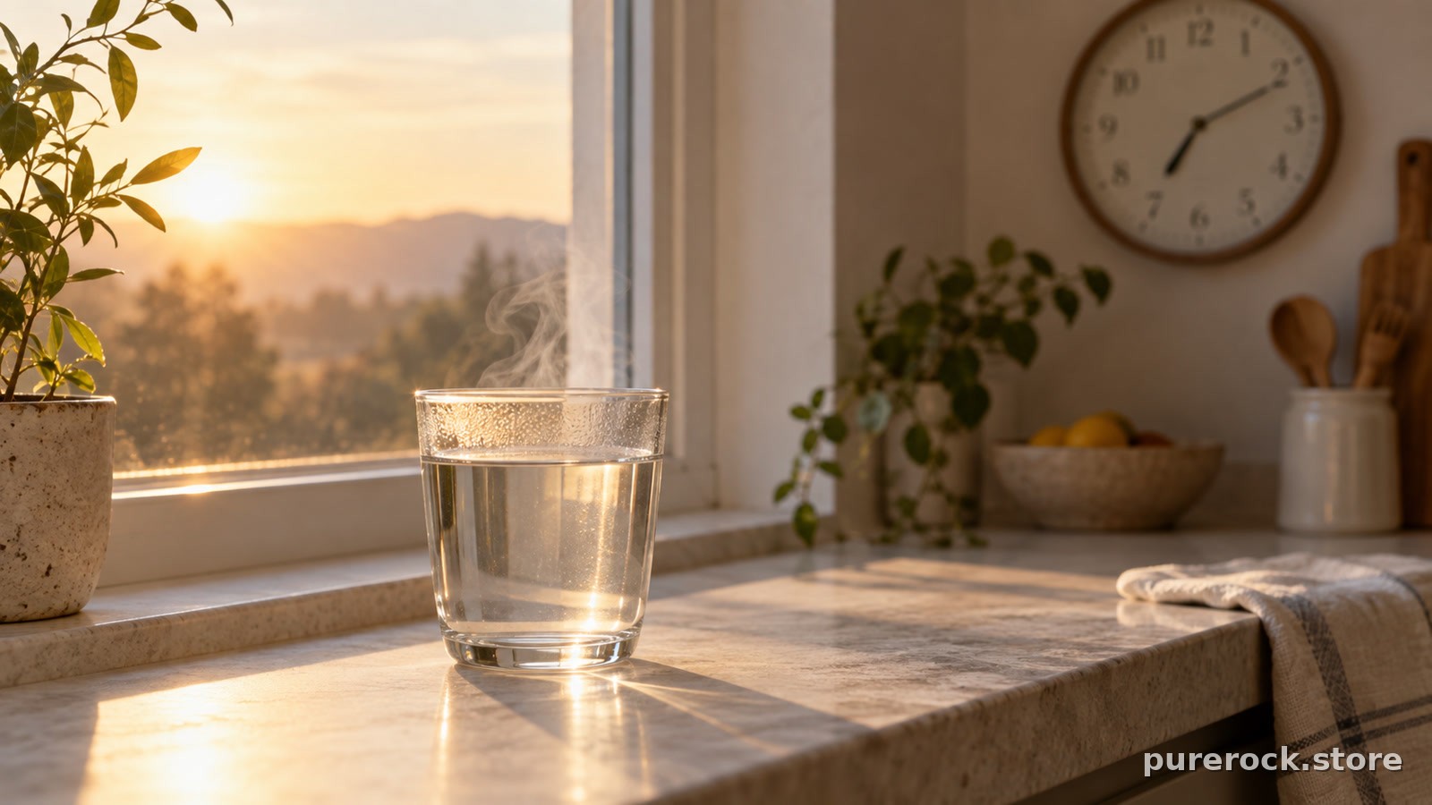 A kitchen windowsill in early morning light with a small glass of warm water and a wall clock softly out of focus in the background