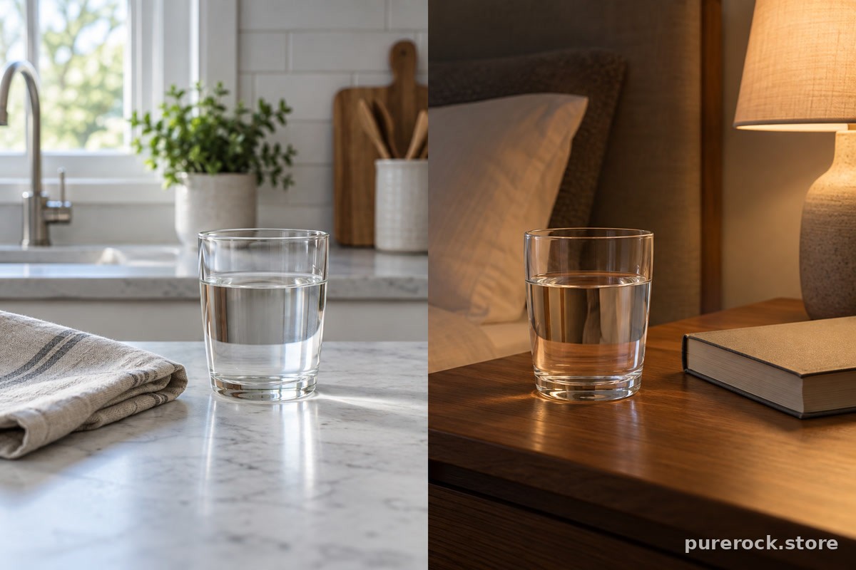 A split scene contrasting a bright morning kitchen counter with a dim evening bedside table, each holding a small glass of warm water
