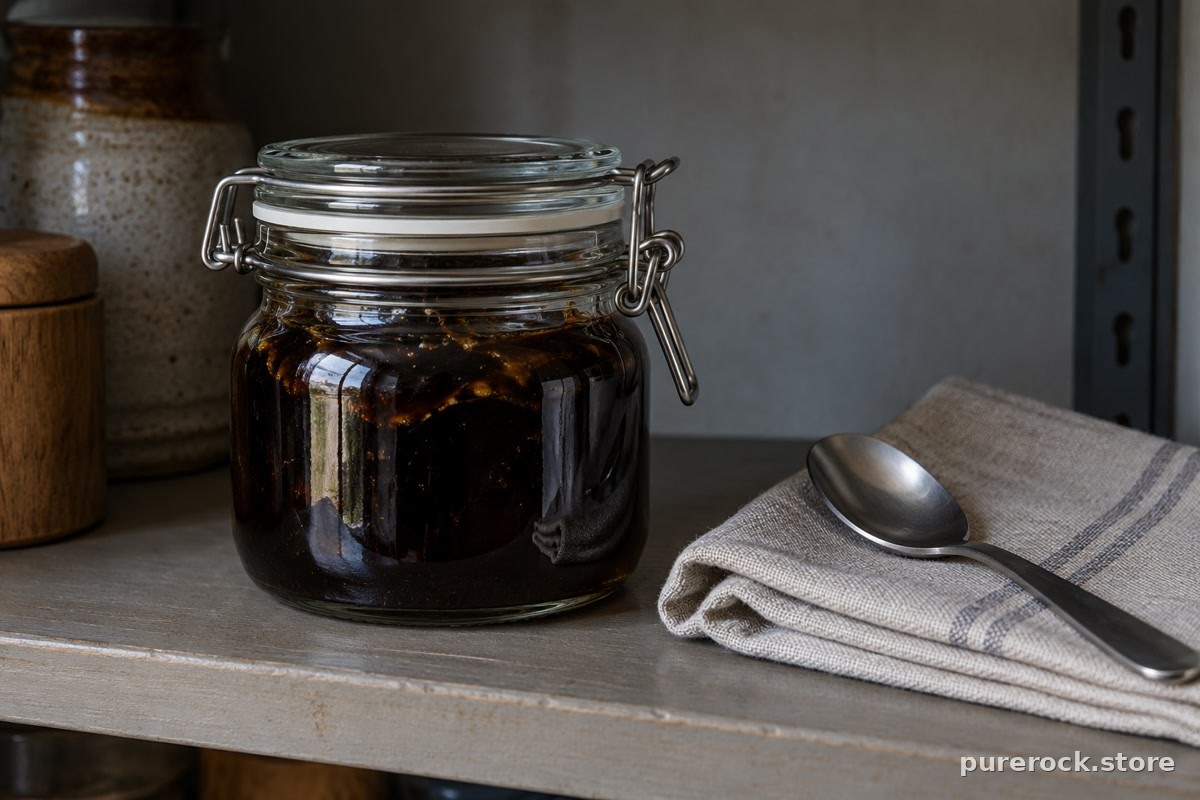 An airtight glass jar of dark resin on a pantry shelf beside a clean dry spoon, illustrating cool dry storage for resin