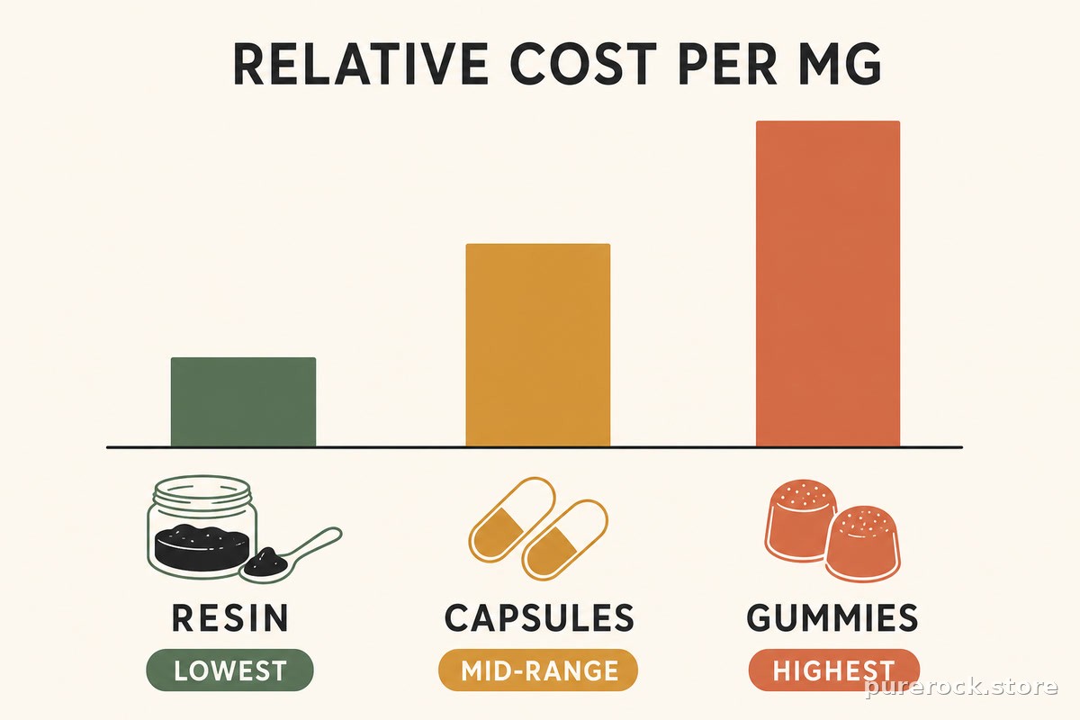 Cost and dosing precision comparison chart for shilajit resin, capsules, and gummies