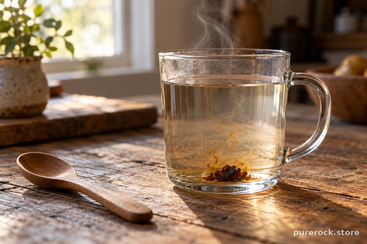 A glass of warm water with a small piece of dark resin slowly dissolving beside a wooden spoon, showing why resin takes time to prepare
