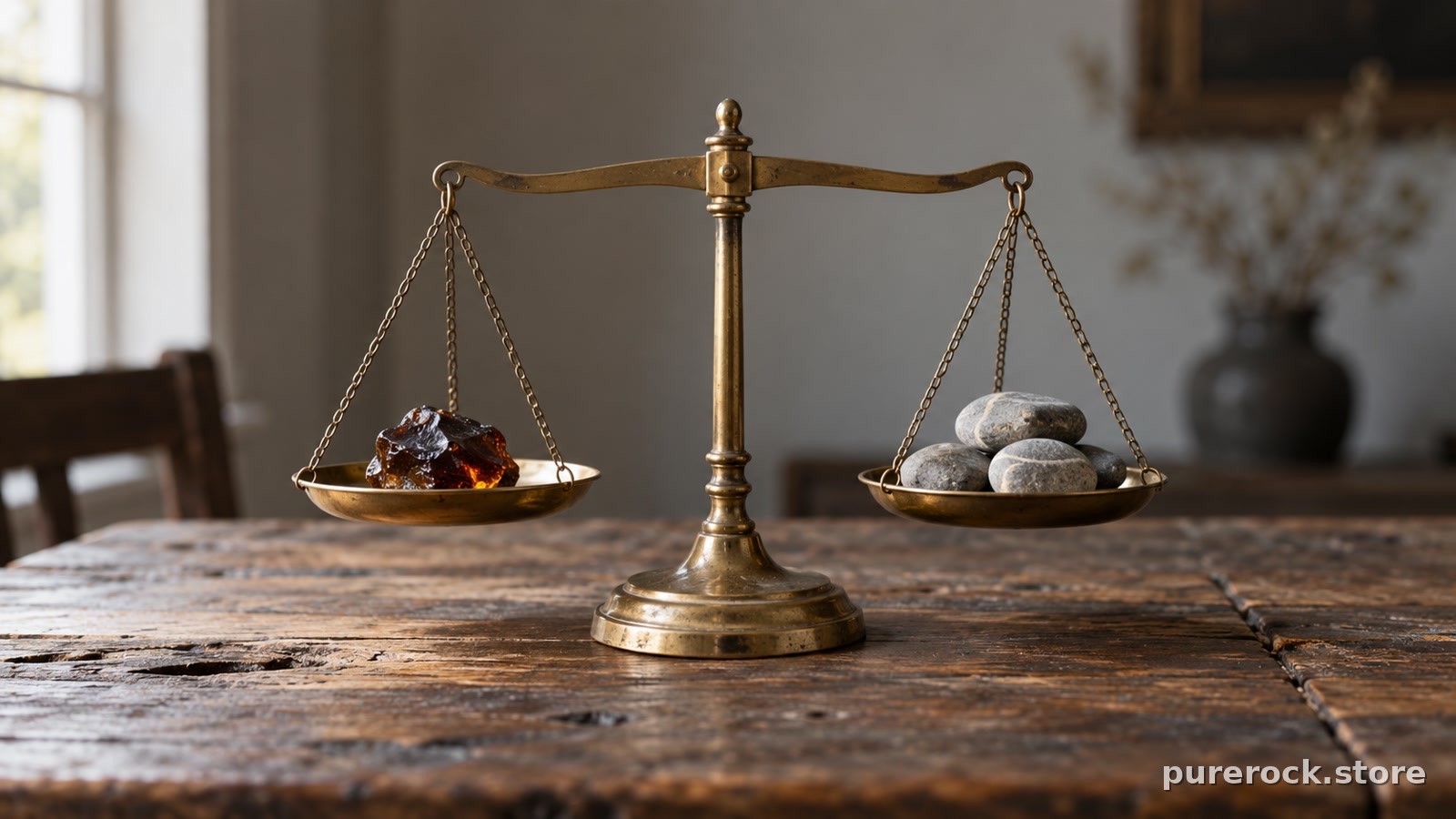 A balance scale on a wooden table holding a small piece of dark resin on one side and a handful of pebbles on the other