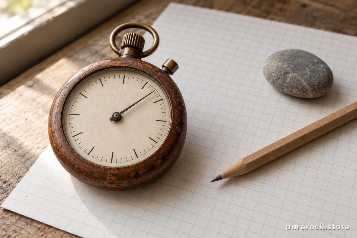 A wooden stopwatch on blank graph paper beside a pencil and a small stone, suggesting careful measurement of what an effect actually means