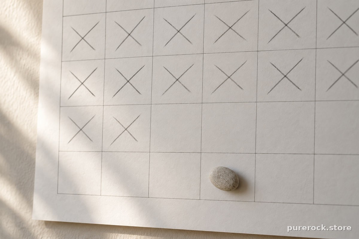 A calendar page with several weeks crossed through and a small stone placed on one week, suggesting a long, patient timeline