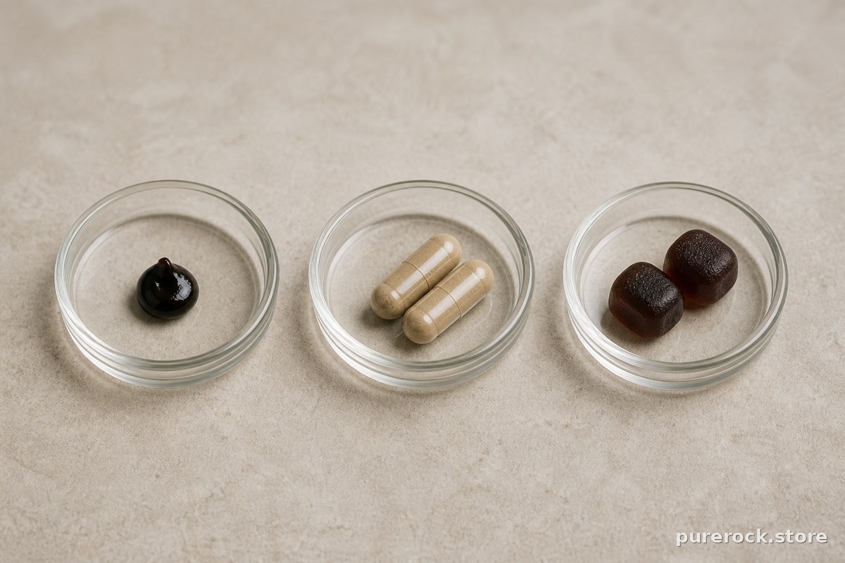 A three-panel comparison graphic showing resin, capsules, and gummies side by side with their commonly cited serving sizes