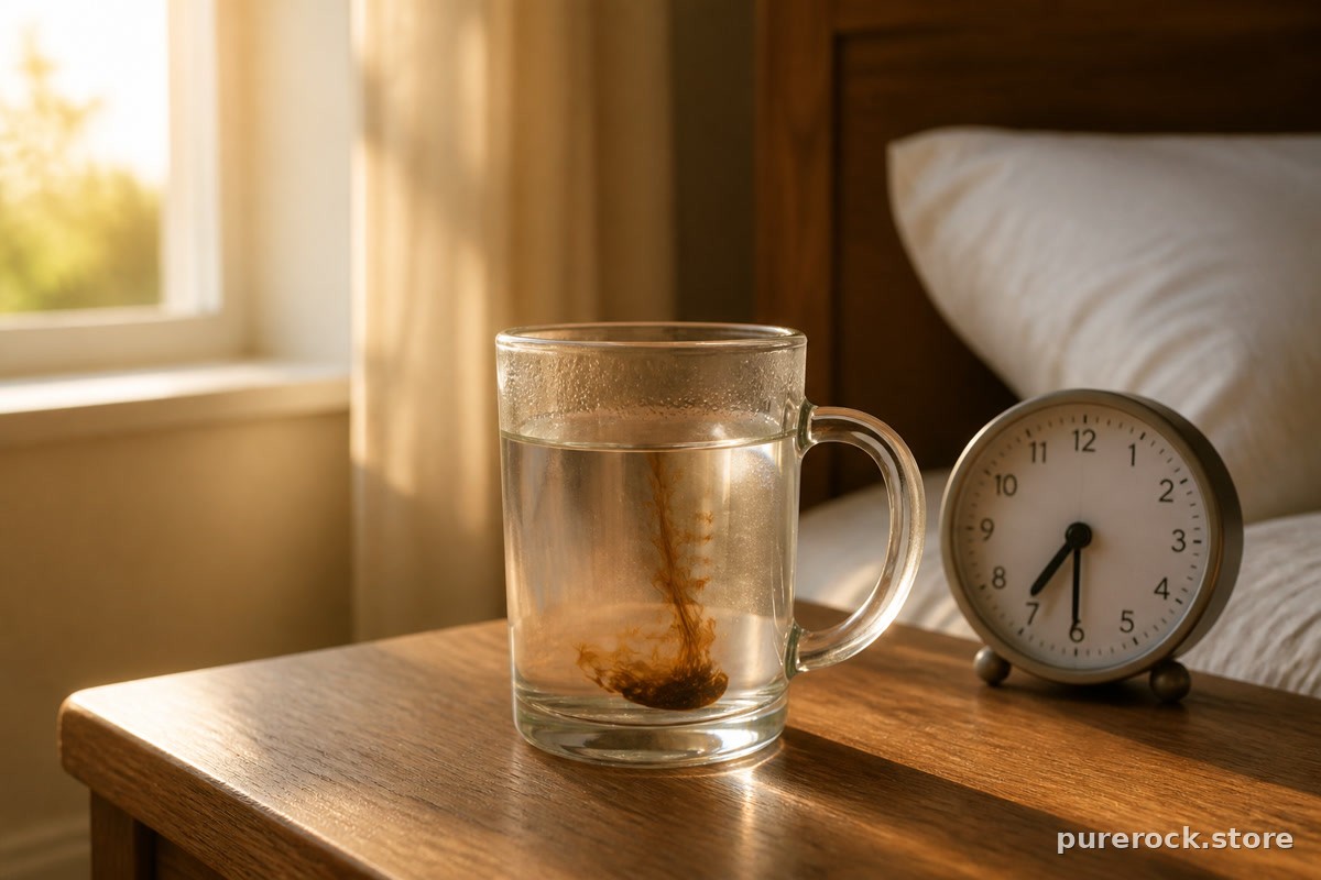 A cup of warm water with shilajit resin dissolving into it on a bedside table beside a clock reading early morning