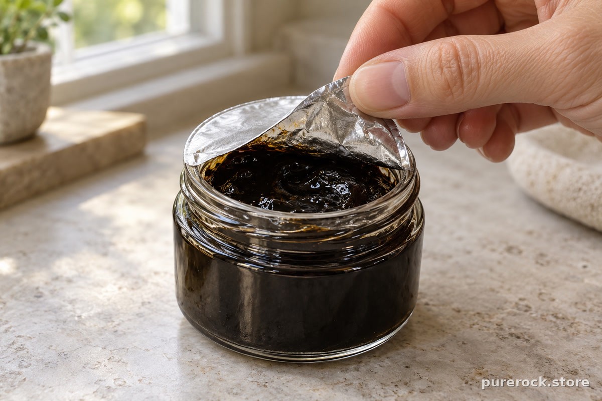A hand peeling the foil seal from a plain unlabeled jar of dark resin, tying dosage to knowing what is in the product