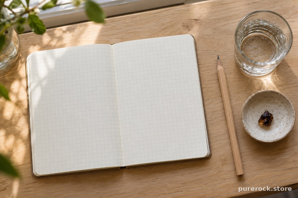 A notebook with blank squares, pencil and glass of water beside a tiny dish of dark resin, suggesting starting small and tracking gradually