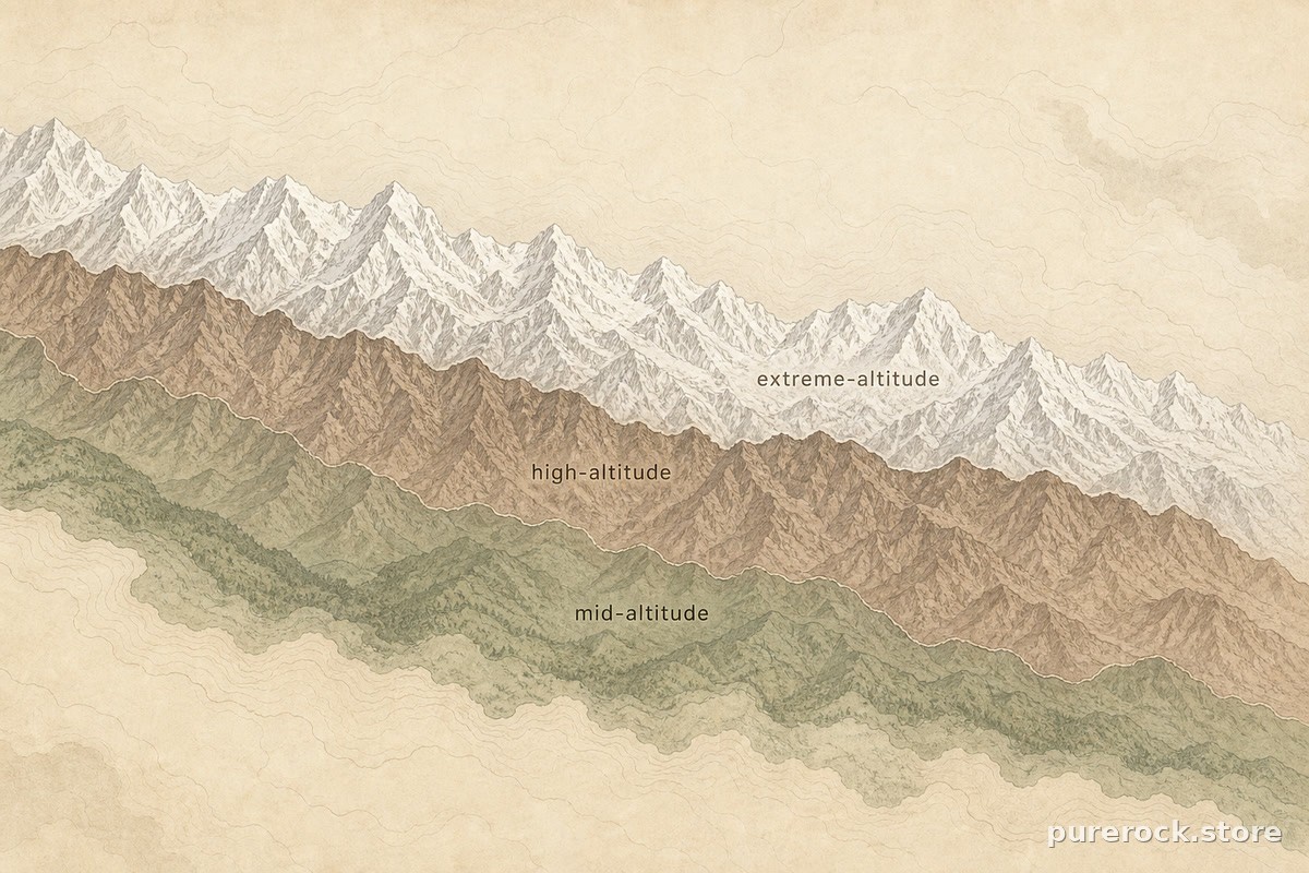 Illustrated map showing shilajit sourcing regions across the Himalayan range with labeled altitude zones