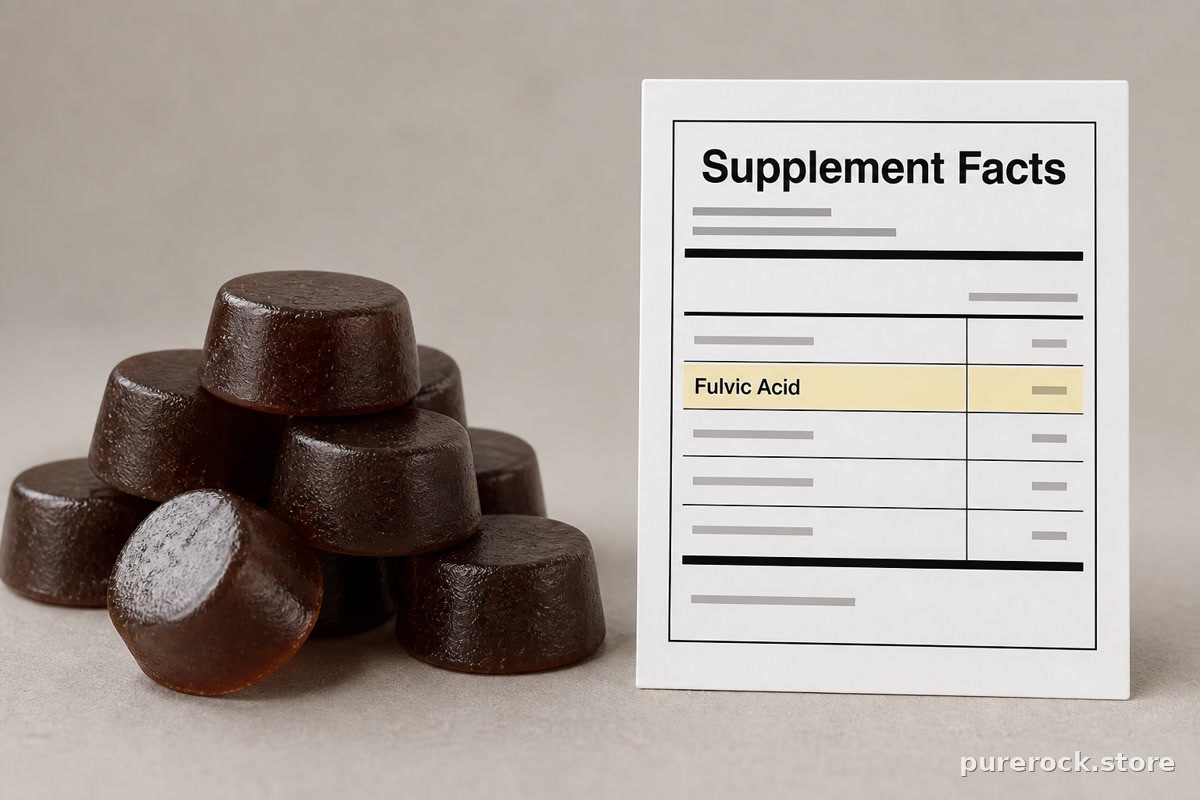 Close-up comparison of shilajit gummies alongside a supplement facts panel highlighting fulvic acid content