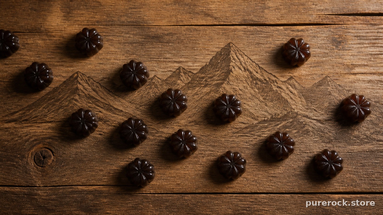 Shilajit gummies arranged near an illustrated Himalayan mountain range on a supplement label
