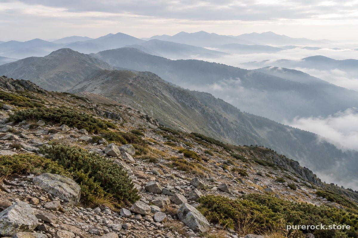 A misty rocky high-altitude mountain slope with layered ridgelines, illustrating the terrain behind altitude claims on origin labels