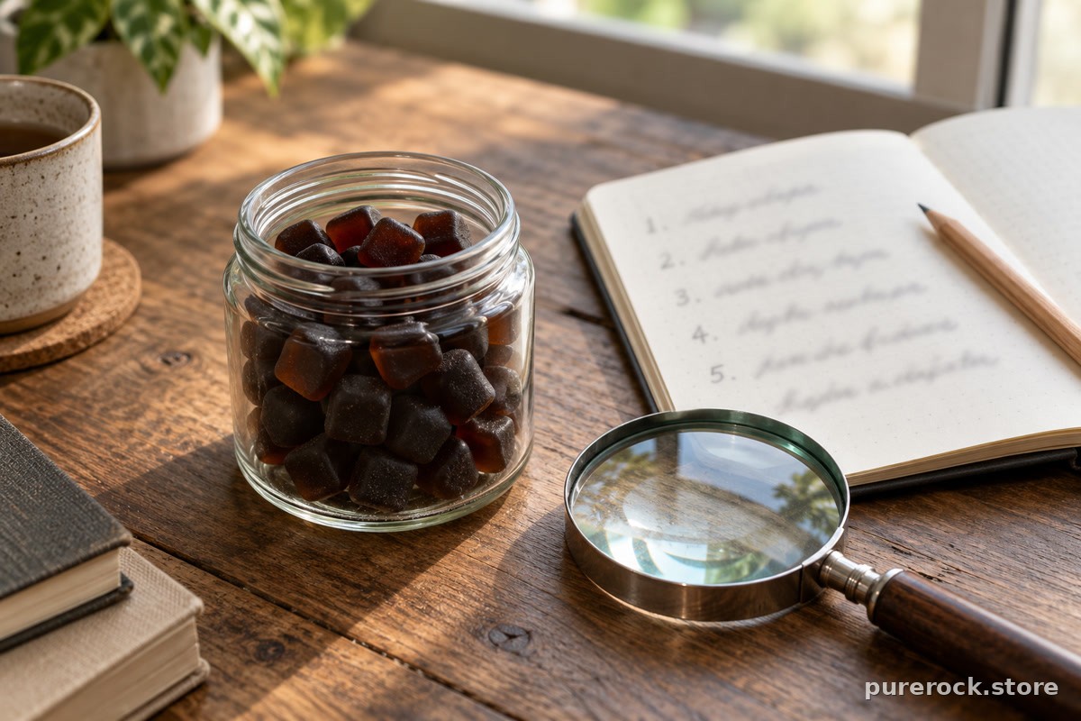 A notebook with a blurred numbered list, a pencil and magnifying glass beside an unlabeled jar of gummies, for checking a label step by step