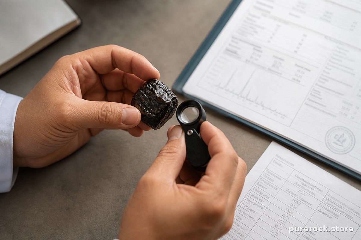 A researcher’s hands examining a raw shilajit sample alongside supply-chain documentation and a lab certificate on a desk