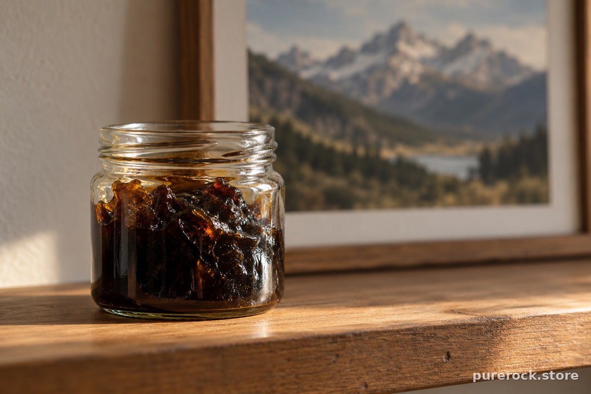 A plain jar of dark resin in front of a blurred framed mountain print, illustrating how scenic imagery can imply sourcing claims