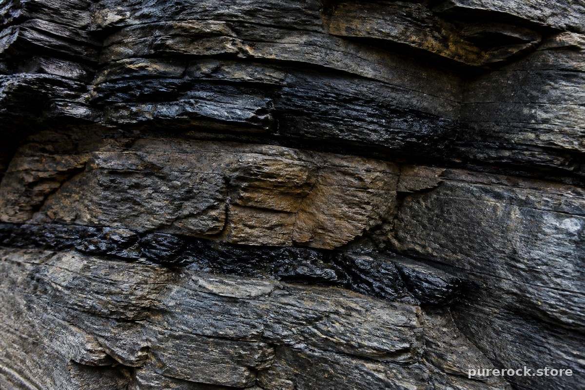 A rugged Himalayan cliff face showing dark, mineral-rich rock strata where shilajit resin naturally forms