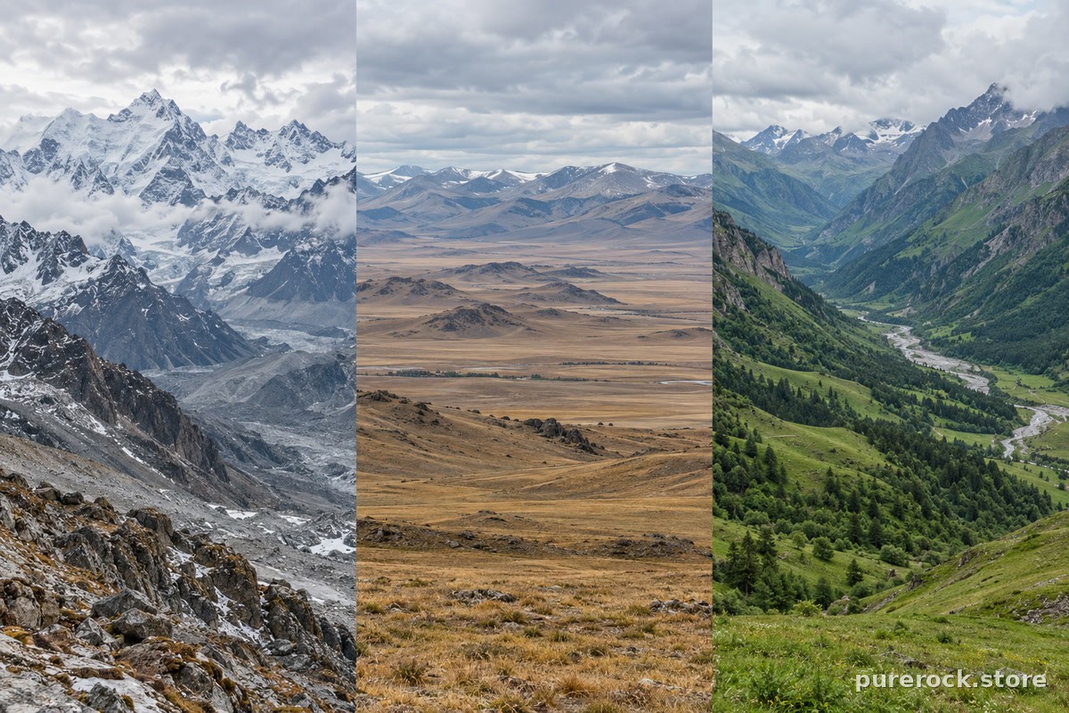 Three landscape frames showing a rocky Himalayan ridge, a dry Altai steppe and a green Caucasus valley, representing distinct shilajit source regions