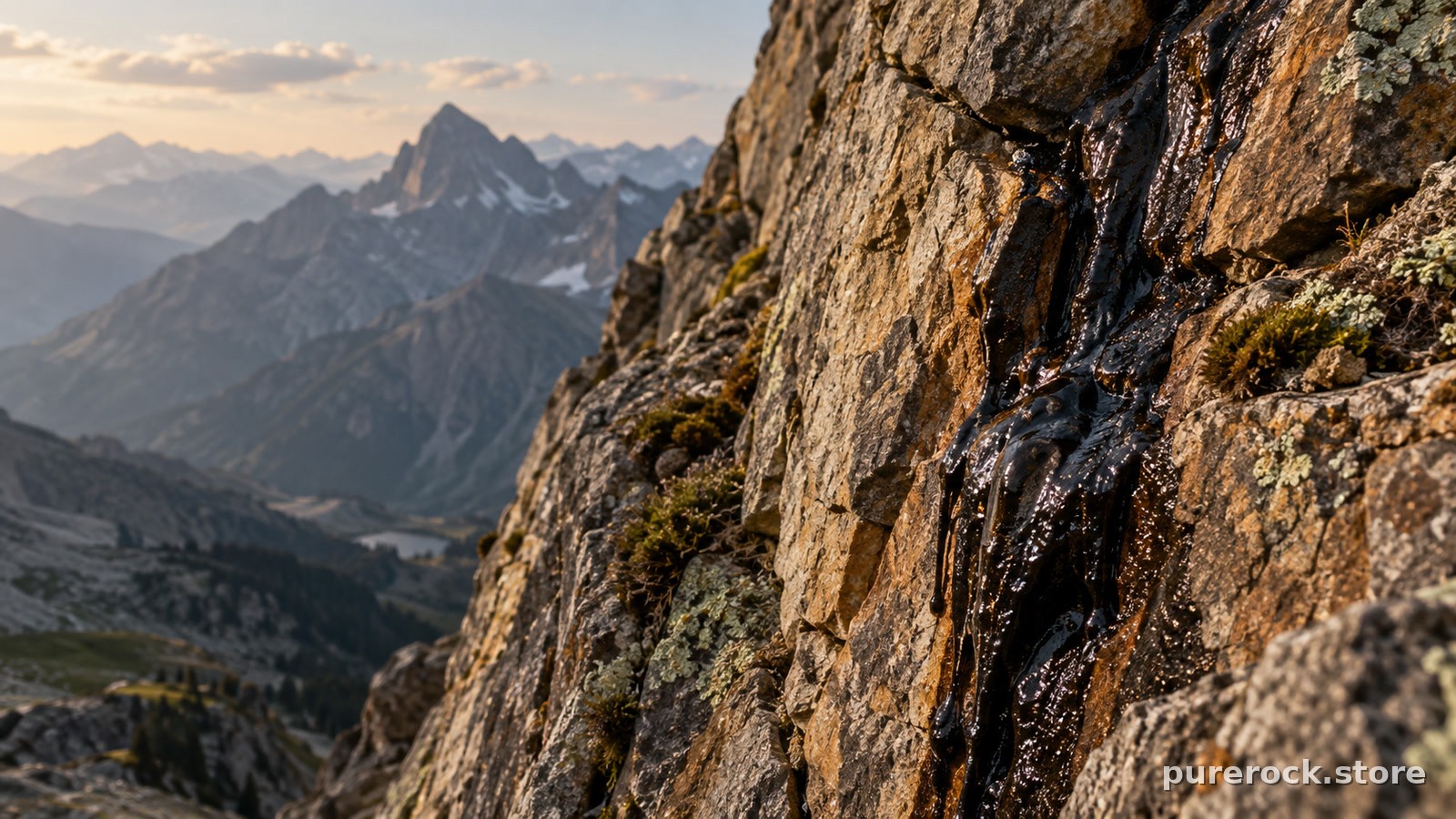A dark, glossy streak of mineral exudate seeping down a weathered mountain rock face in warm afternoon light