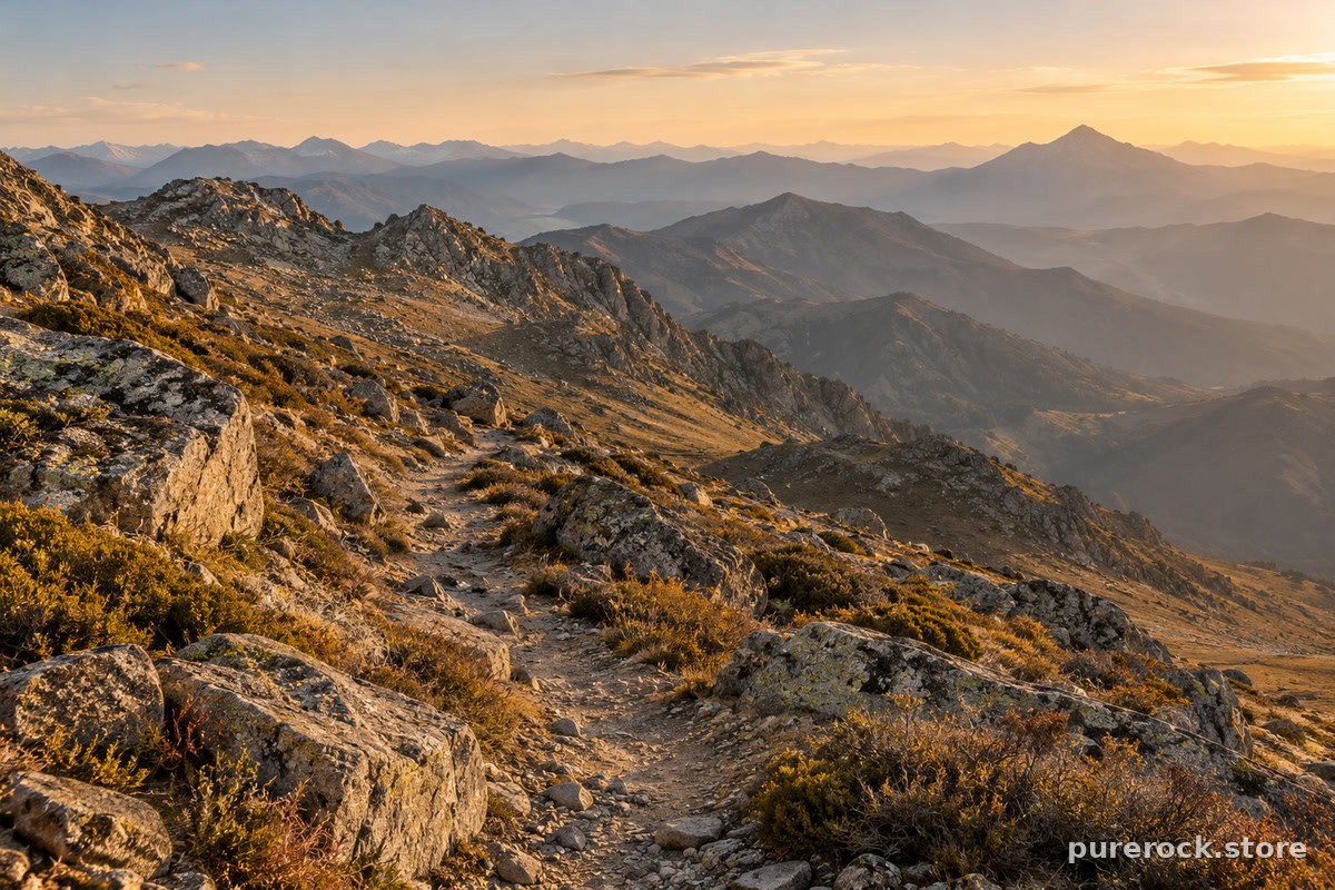 A rocky high-altitude mountain slope with a narrow footpath and sparse vegetation, evoking the remote terrain where shilajit is collected