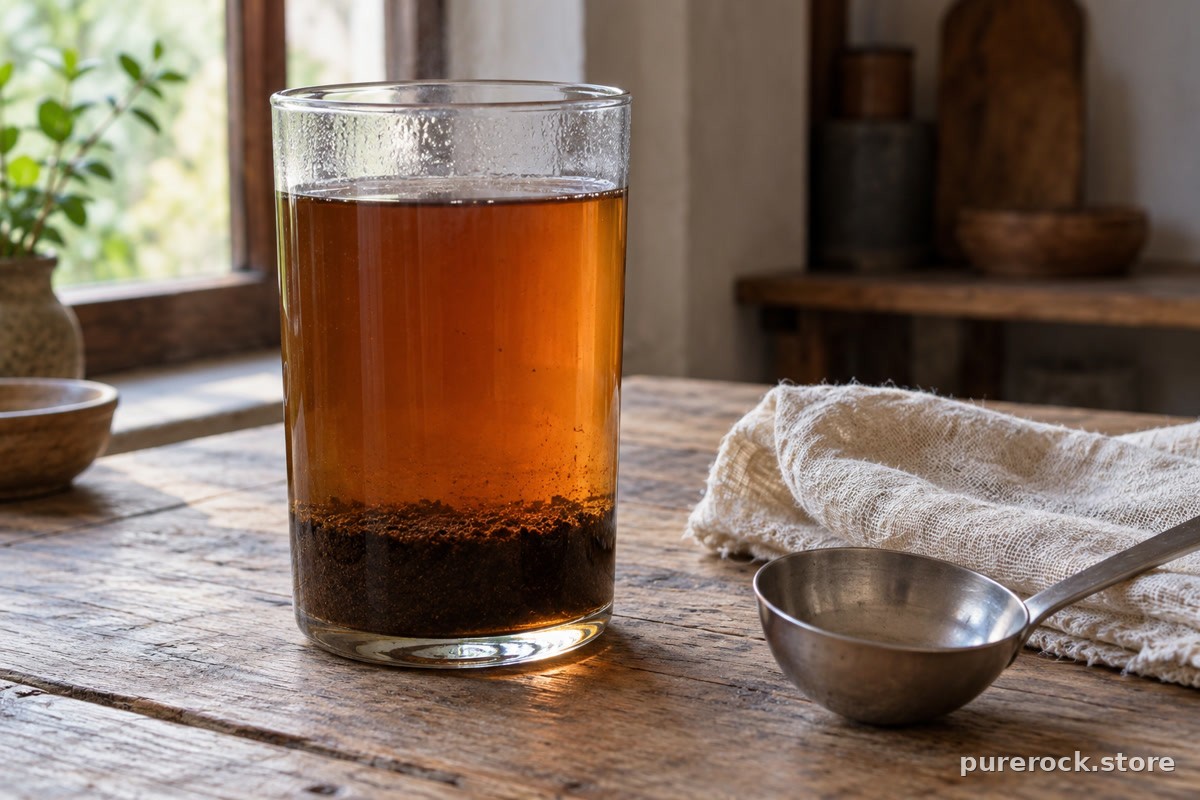 A tall glass vessel of dark shilajit solution with muddy sediment settled at the bottom, showing the traditional water-method settling step