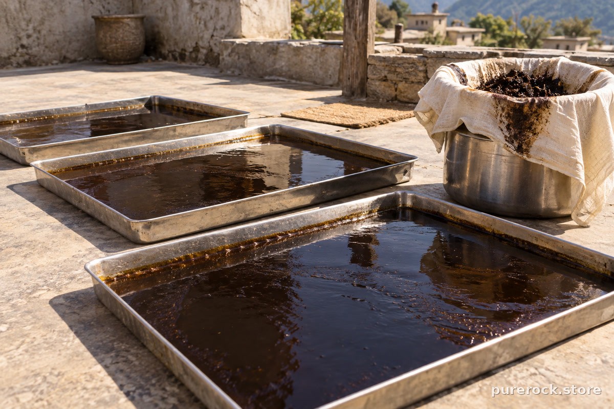 Shallow steel trays of dark shilajit solution drying in sunlight on a flat rooftop, beside a cloth filter draped over a steel vessel