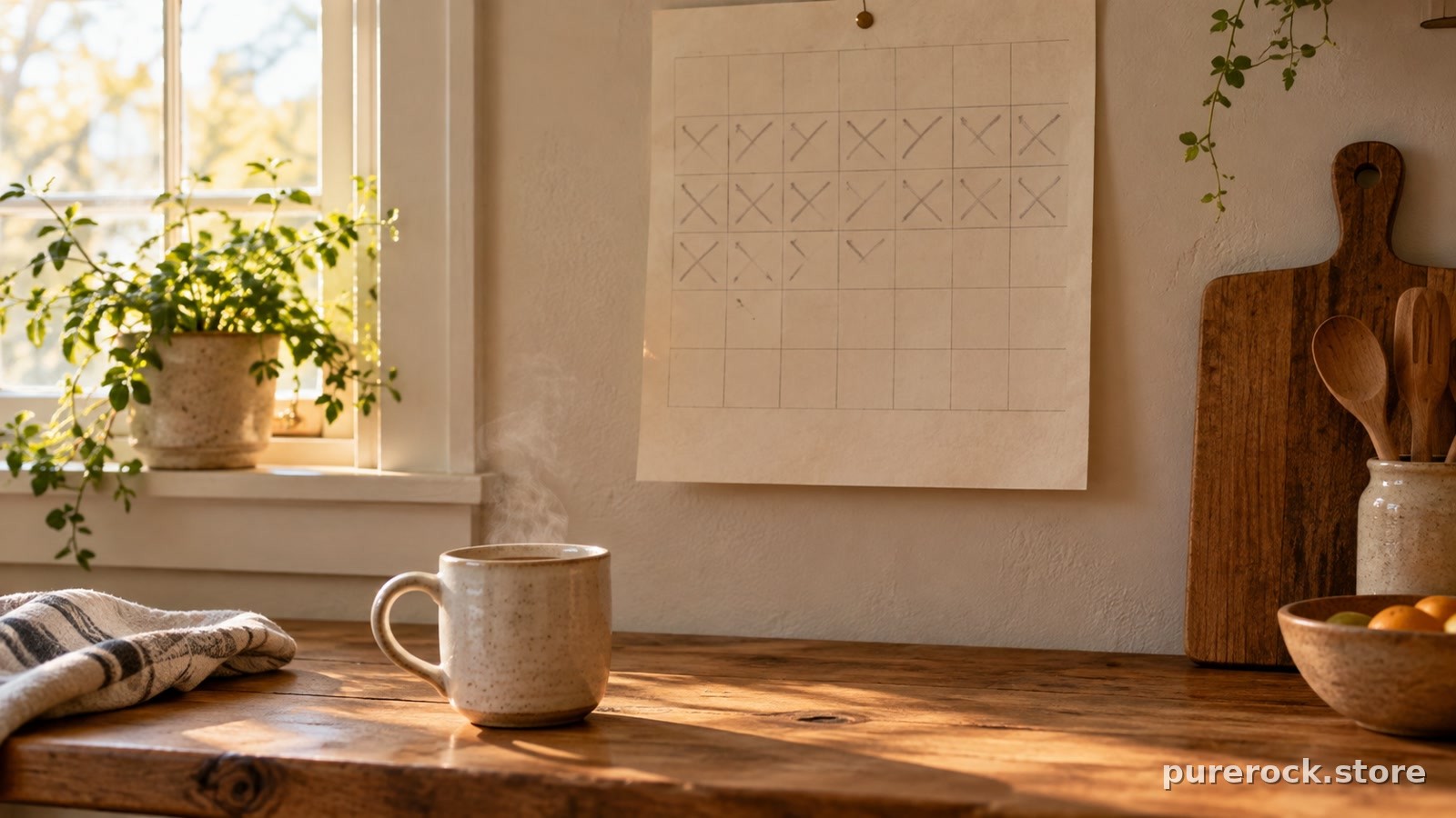 A paper wall calendar with several weeks marked off beside a mug of warm water on a sunlit kitchen counter