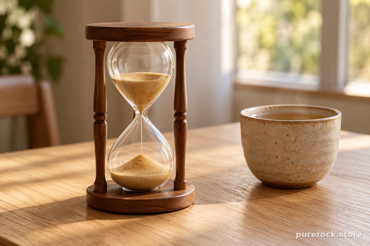 A wooden hourglass half run through beside a ceramic cup on a pale oak table, suggesting that different effects take different lengths of time