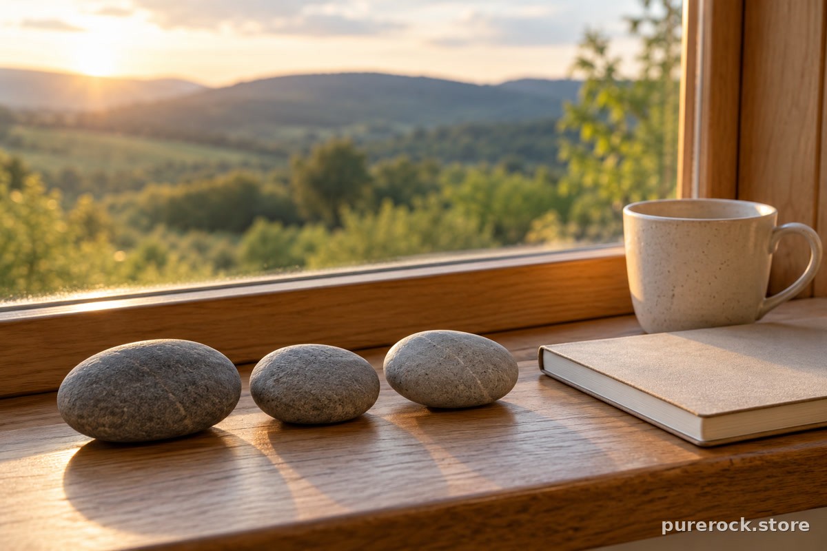 Three smooth stones in a row on a sunlit windowsill beside a closed notebook, suggesting the three-month stretch needed for slower outcomes
