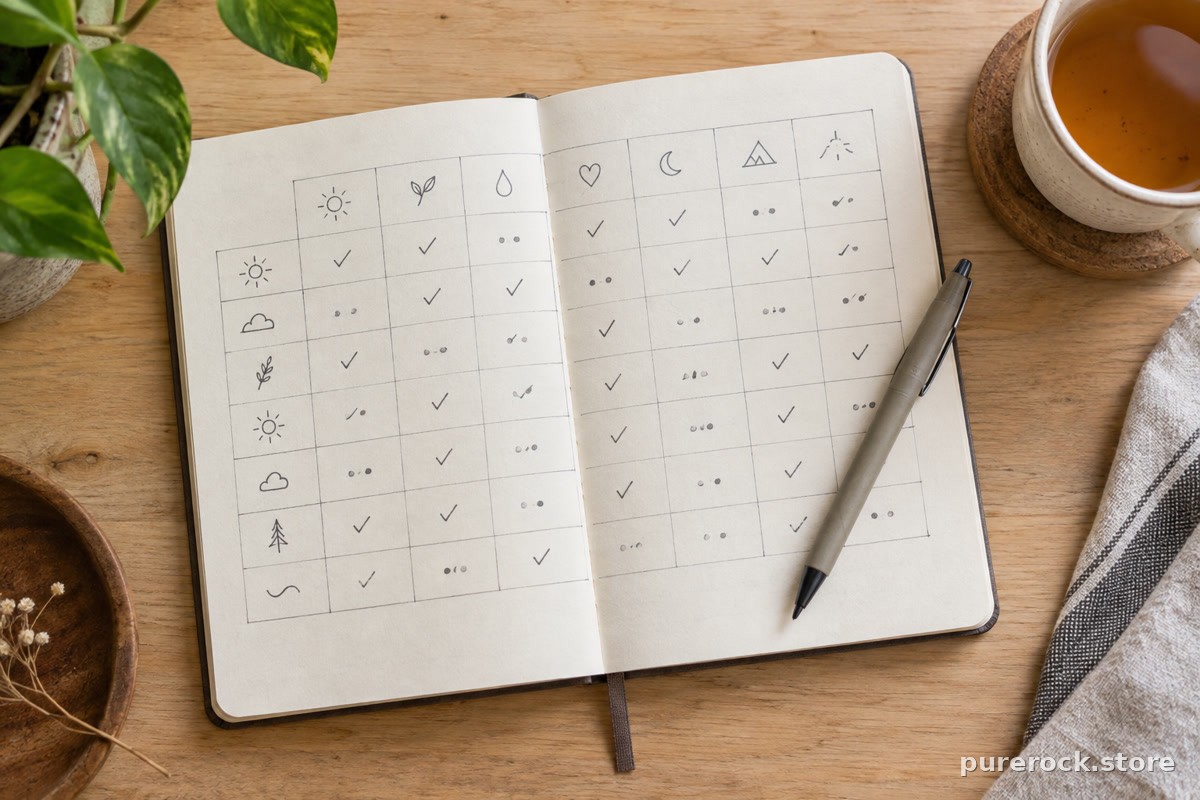 A notebook open to a handwritten weekly log with a pen and a small cup of warm tea beside it