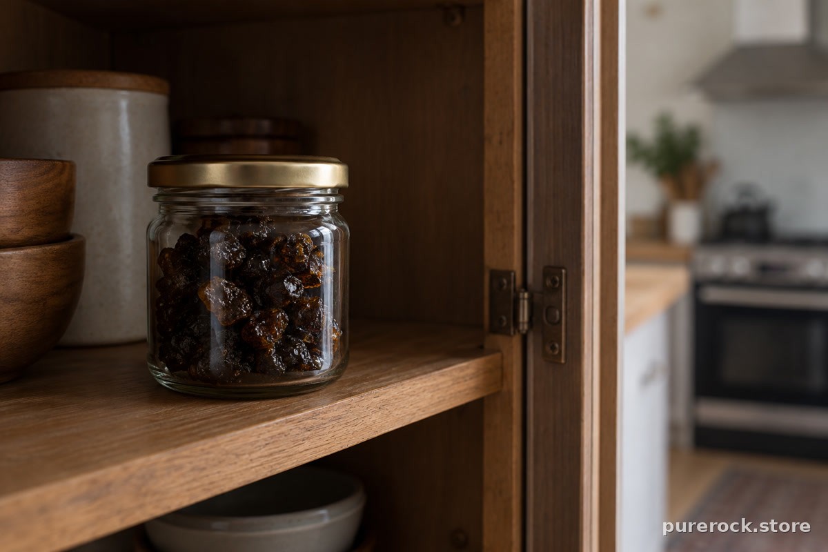 A closed unlabeled jar of dark resin on a shaded cupboard shelf, away from heat, illustrating cool storage for resin