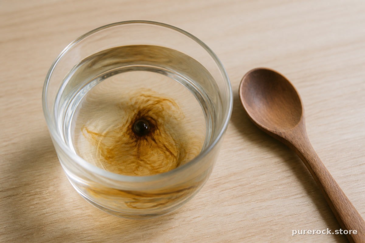 A pea-sized dab of shilajit resin dissolving in a small glass of warm water, spoon resting beside it on a kitchen counter