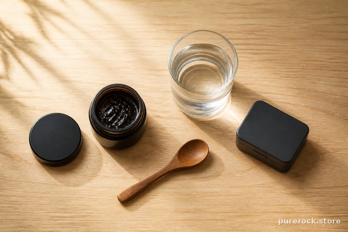 A simple morning routine flatlay: shilajit resin jar, wooden spoon, small glass of warm water, and a pillbox on a kitchen counter