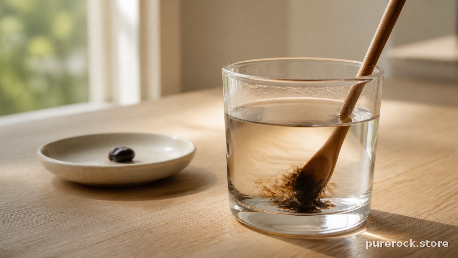 A small dab of shilajit resin being stirred into a glass of warm water with a wooden spoon, viewed from the side on a kitchen counter