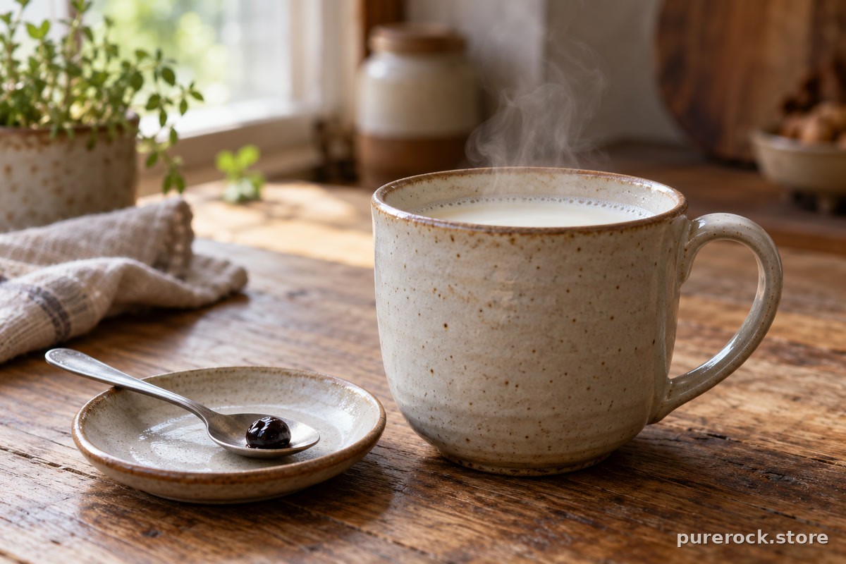 A ceramic mug of warm milk beside a small spoon holding a pea-sized piece of dark resin on a wooden kitchen table