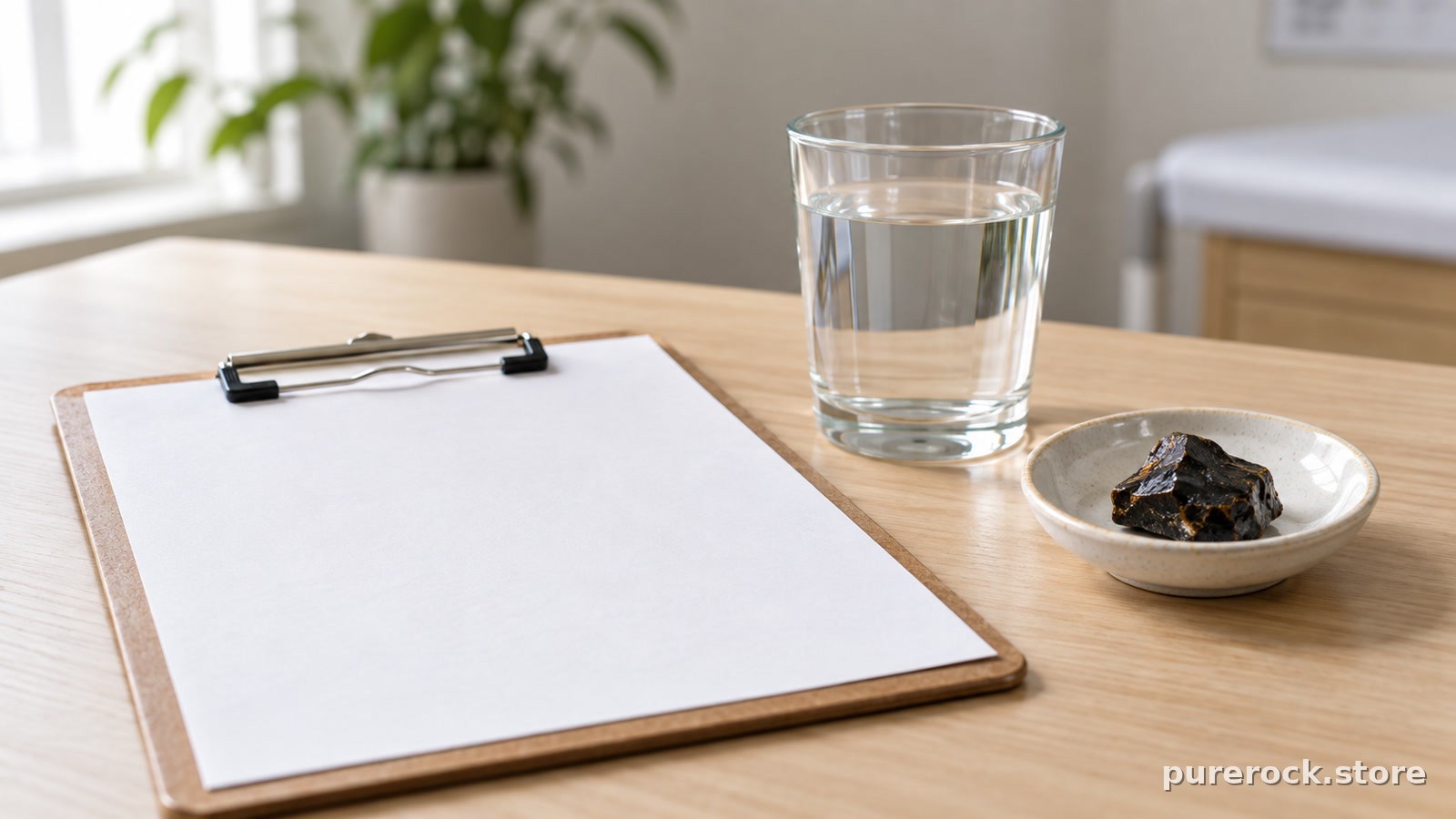 A clipboard with a blank blood test requisition form beside a glass of water and a small dish of dark mineral resin on a clinic desk