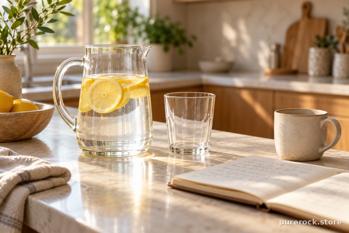 A kitchen counter with a water pitcher, a glass and a notebook, a neutral everyday scene for the kidney stones section