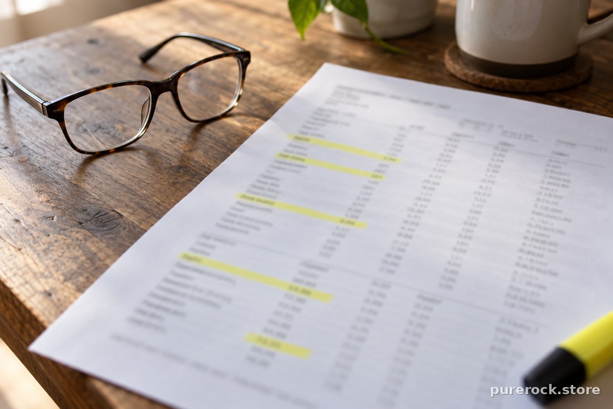 A printed blood test report with kidney function rows highlighted, lying beside reading glasses on a wooden table