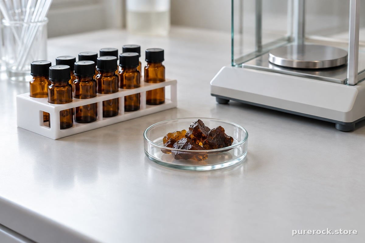 Amber glass vials and a small dish of dark resin fragments on a laboratory bench, representing independent testing for metals